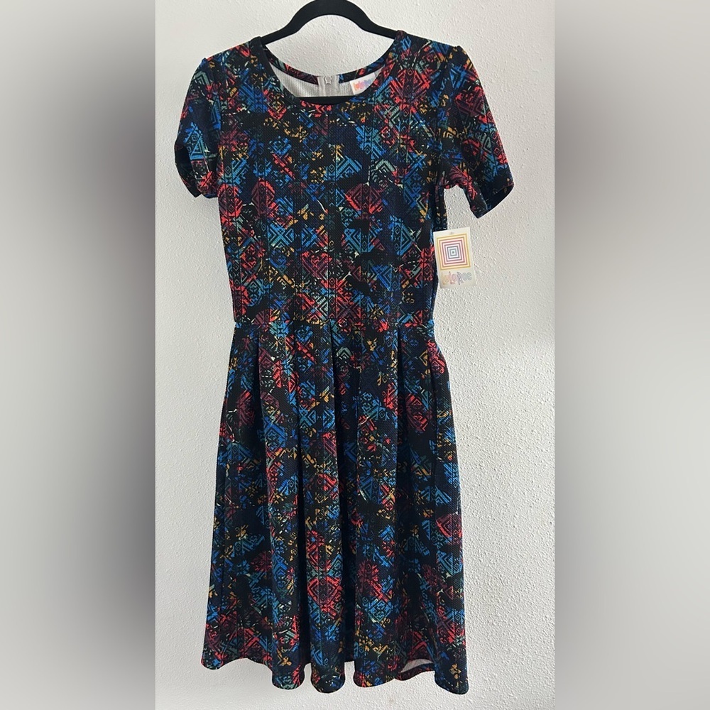 LuLaRoe Black Geometric Midi Dress with Multicolor Pattern